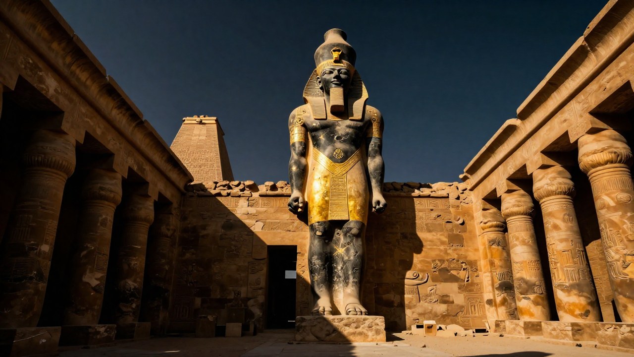 Estatua mesopotámica monumental en las ruinas de la antigua Babilonia.