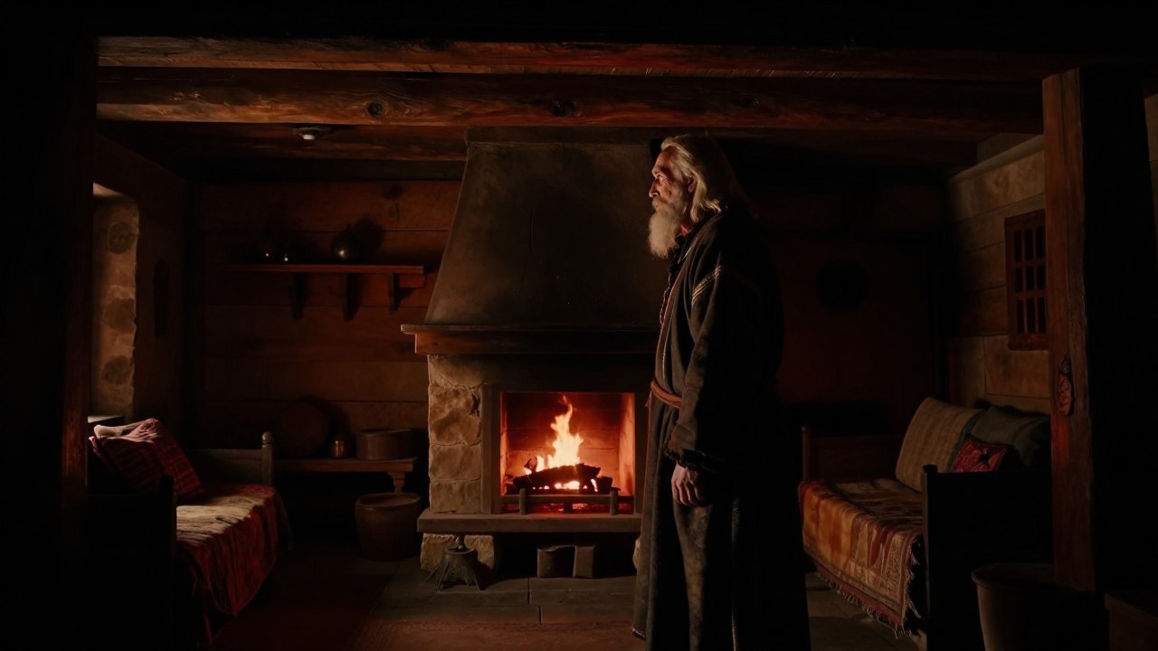 Hombre ancestral con traje tradicional observa el interior rústico de una casa de madera junto a una chimenea.