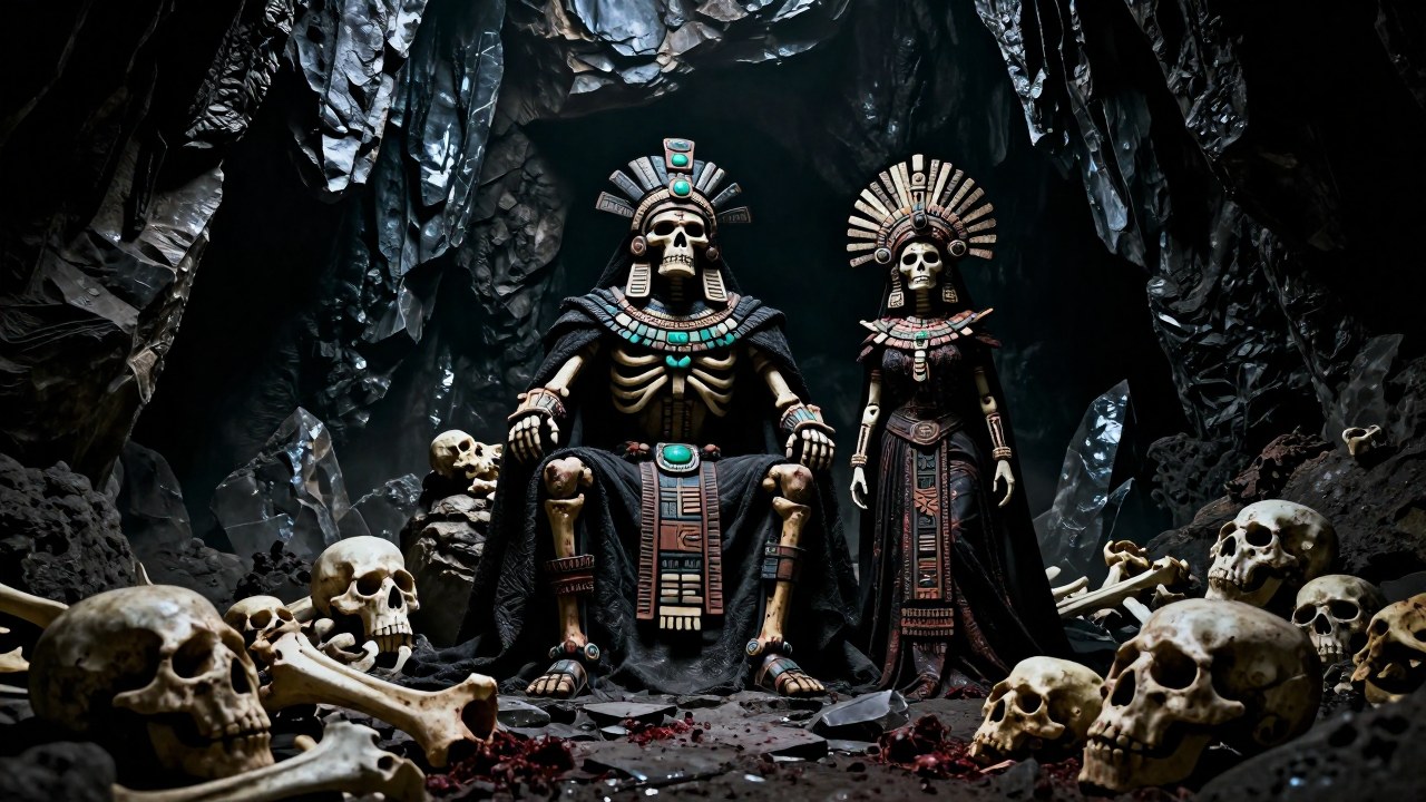 Las deidades aztecas Mictlantecuhtli y Mictecacíhuatl en el vasto cavernoso inframundo.