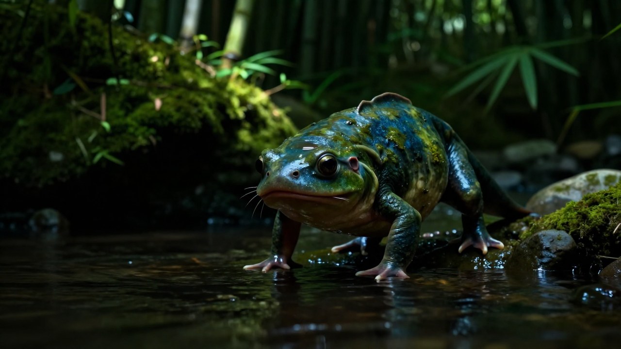 Una criatura Kappa mítica emerge de las orillas de un tranquilo río japonés.