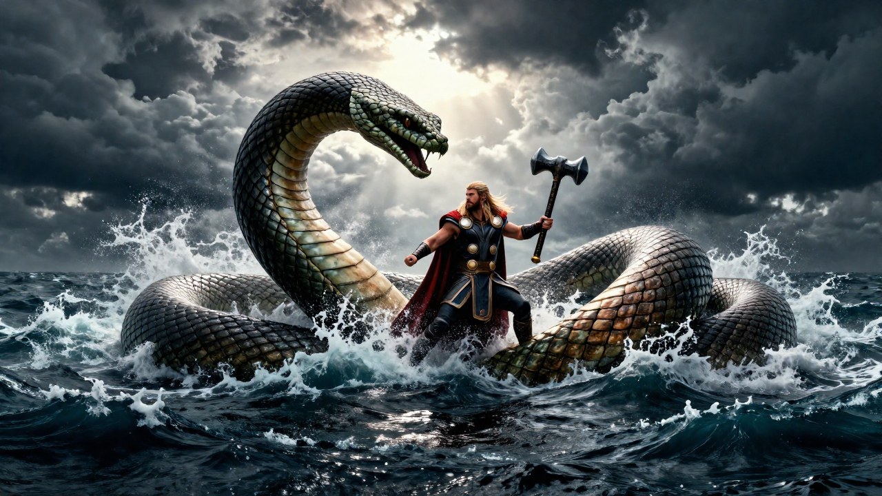 Thor lucha contra el colosal Midgard Serpent en un mar nórdico turbulento con su martillo Mjolnir.