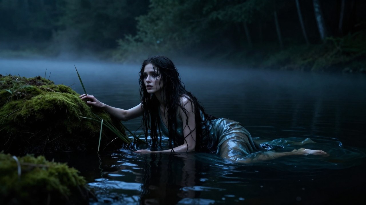 Joven en el borde de un lago brumoso, en proceso de transformación mítica en Rusalka.