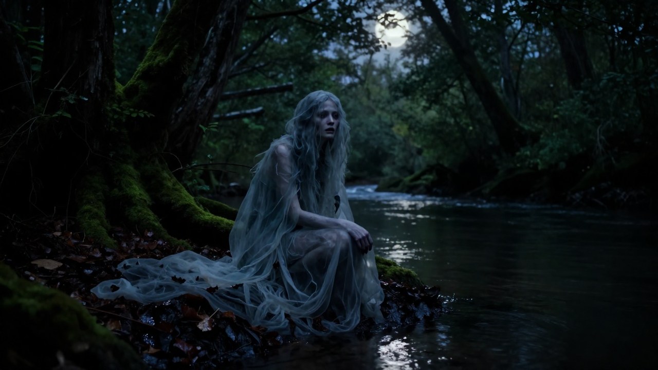 Una figura espectral de una Bludička en la orilla de un río densamente vegetado al anochecer.