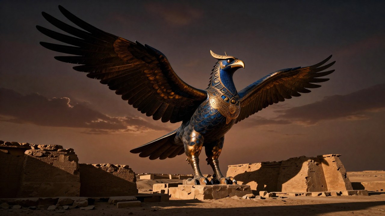 Anzû, una criatura aviar mítica, vuela majestuosamente sobre ruinas de zigurats en un paisaje de Mesopotamia.
