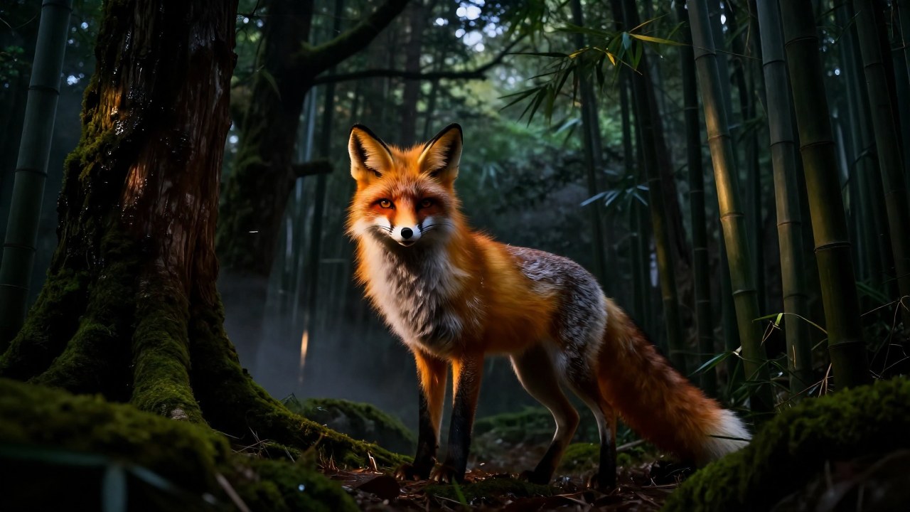 Un espíritu zorro (kitsune) en un bosque japonés, mostrando su dualidad a través de contrastes de luz y sombra.