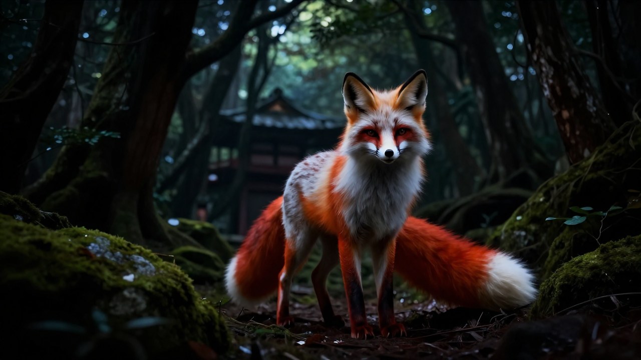 Kitsune majestuoso posa en un bosque japonés antiguo, mirando intensamente entre sombras.