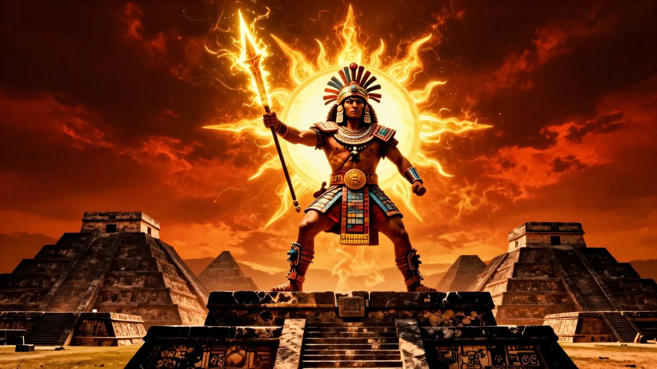 Guerrero mesoamericano, representando al dios solar, de pie sobre una estructura frente a las pirámides.