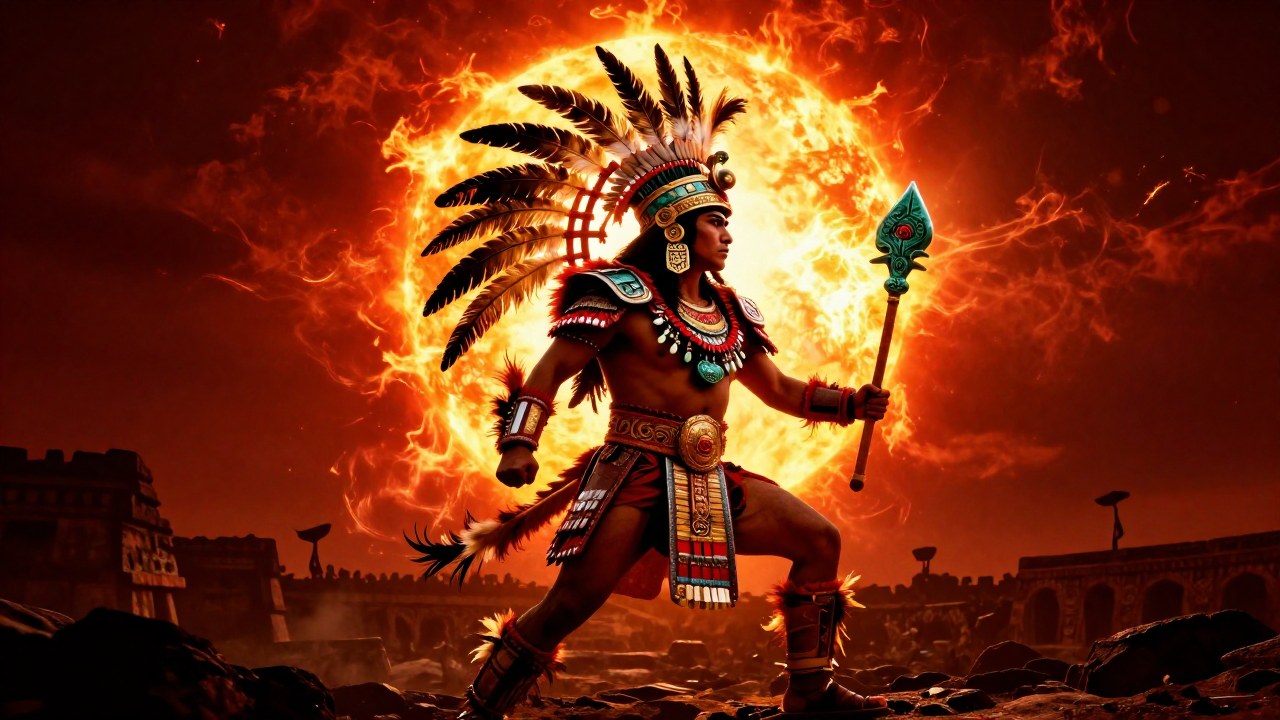 Guerrero con armadura ceremonial que encarna a Huitzilopochtli, el dios solar, en un paisaje mesoamericano al amanecer.
