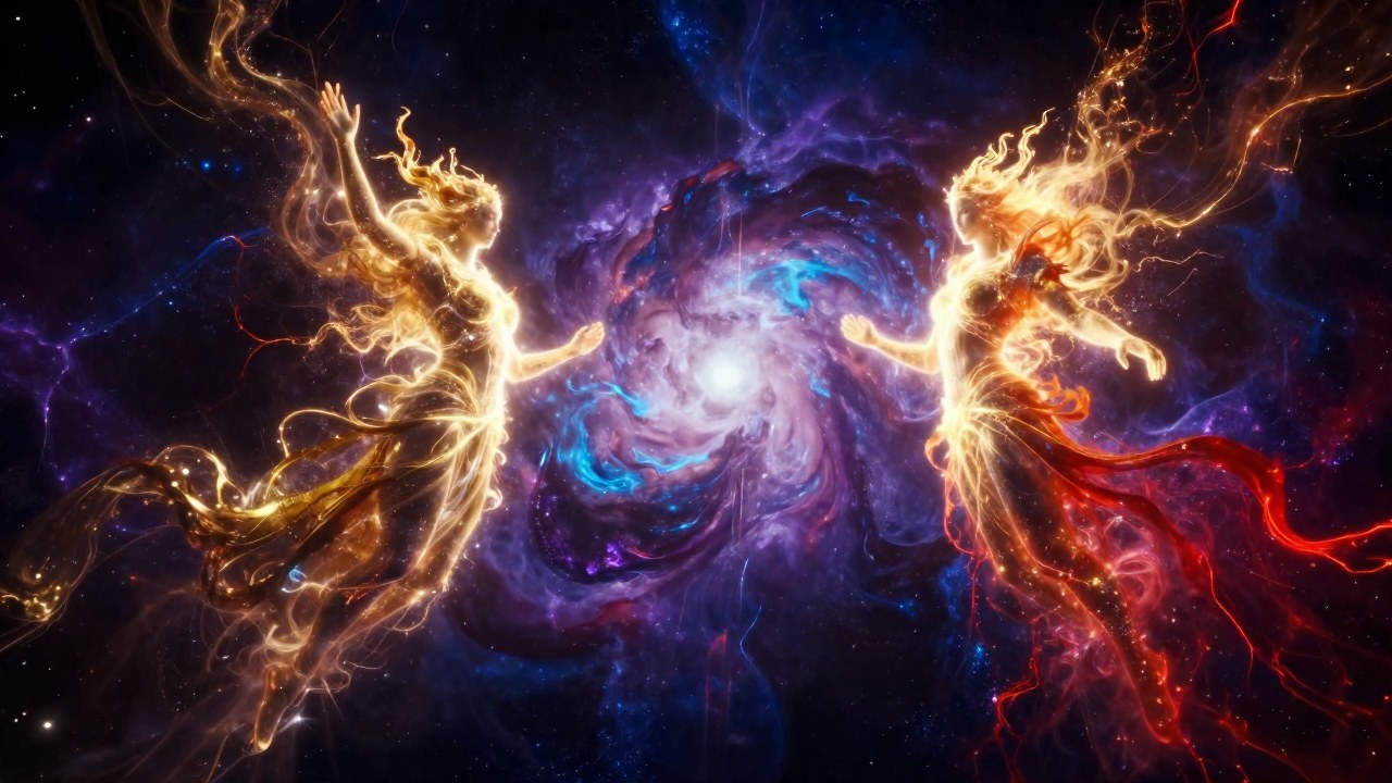 Colosales figuras de luz luminosa emergen de la energía cósmica en un vasto vacío primordial.