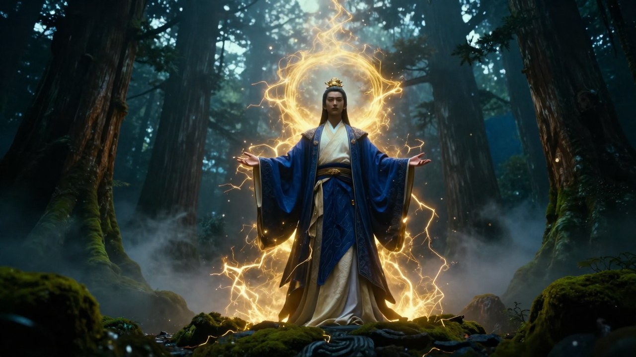 Figura poderosa en un paisaje japonés brumoso, envuelta en túnicas índigo y energía dorada.