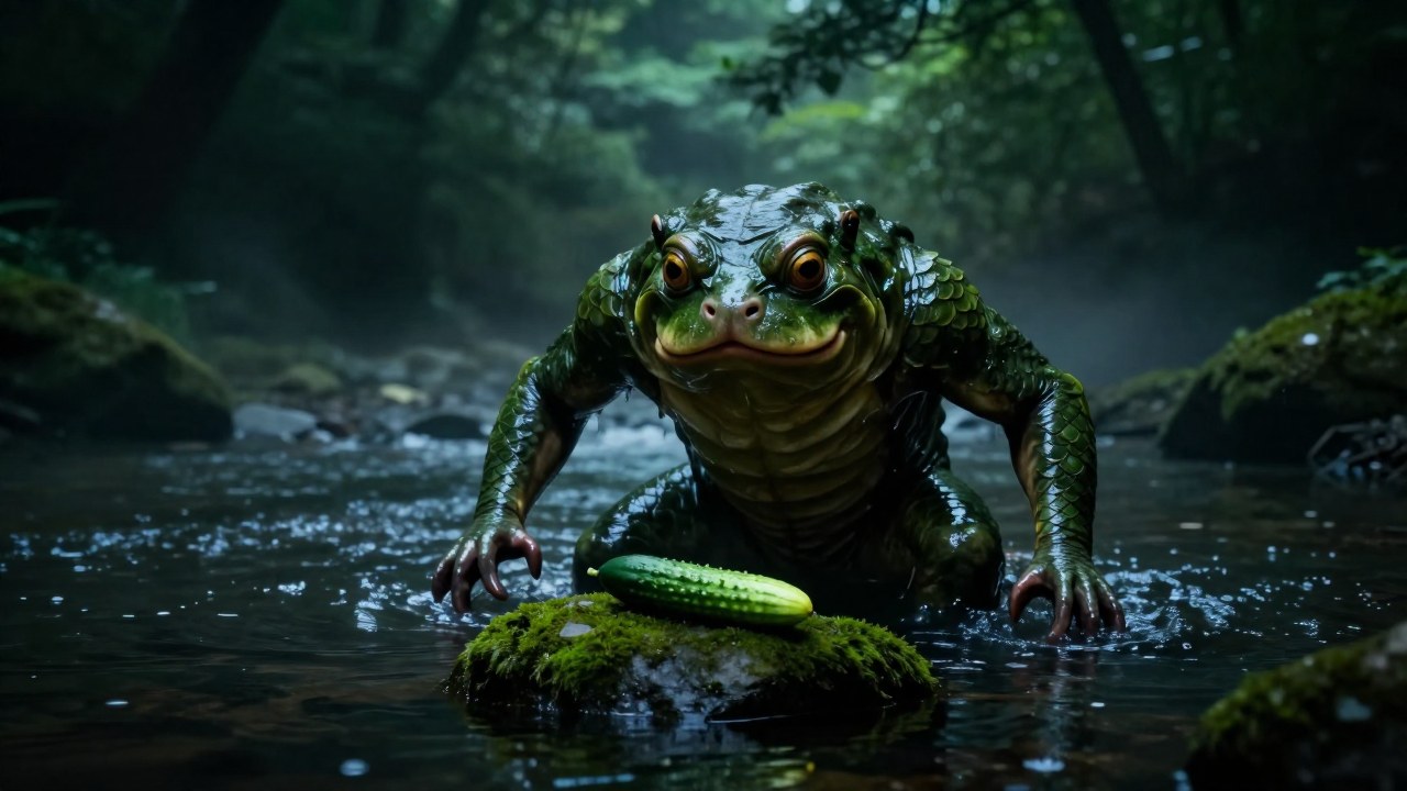 Criatura Kappa mitológica en un río japonés, observando un pepino sobre una piedra.