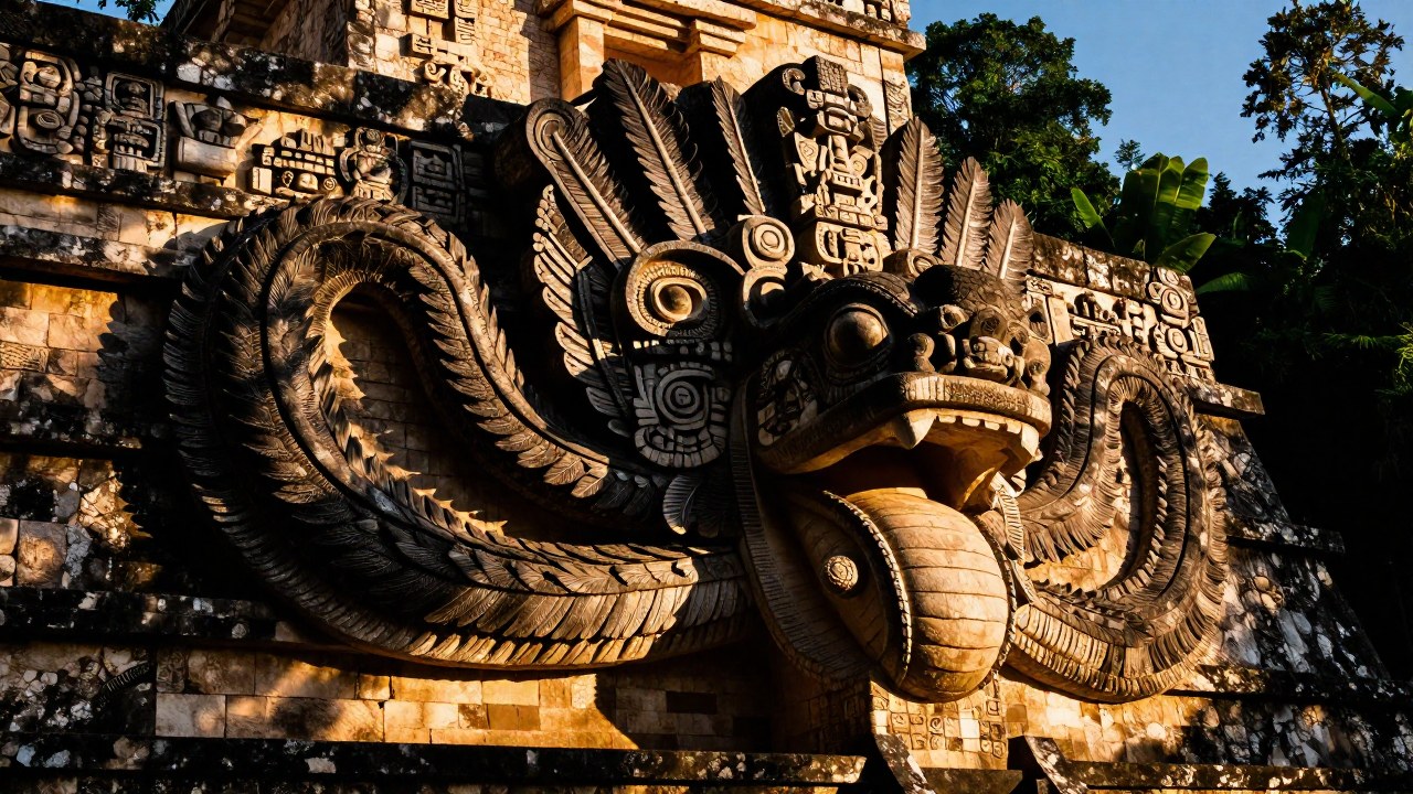 La deidad Kukulkán, el Serpiente Emplumado, esculpida majestuosamente en la fachada de un antiguo templo maya.