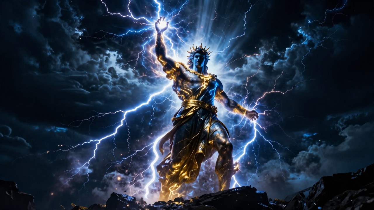 Una figura divina en medio de una tormenta contiene visiblemente una energía eléctrica caótica con un campo de contención.