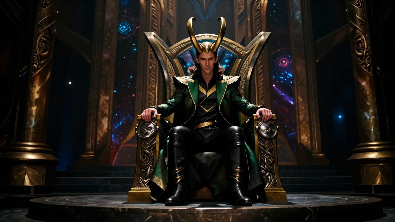 Loki se encuentra de pie en el majestuoso salón del trono de Asgard, cerca de un trono ornamentado.