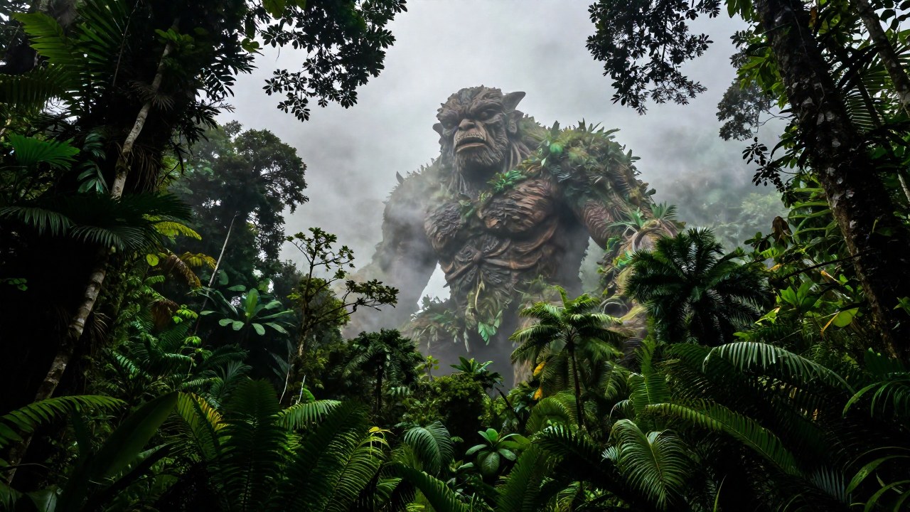 Criatura mítica de Costa Rica emerge de la densa niebla en la selva tropical.