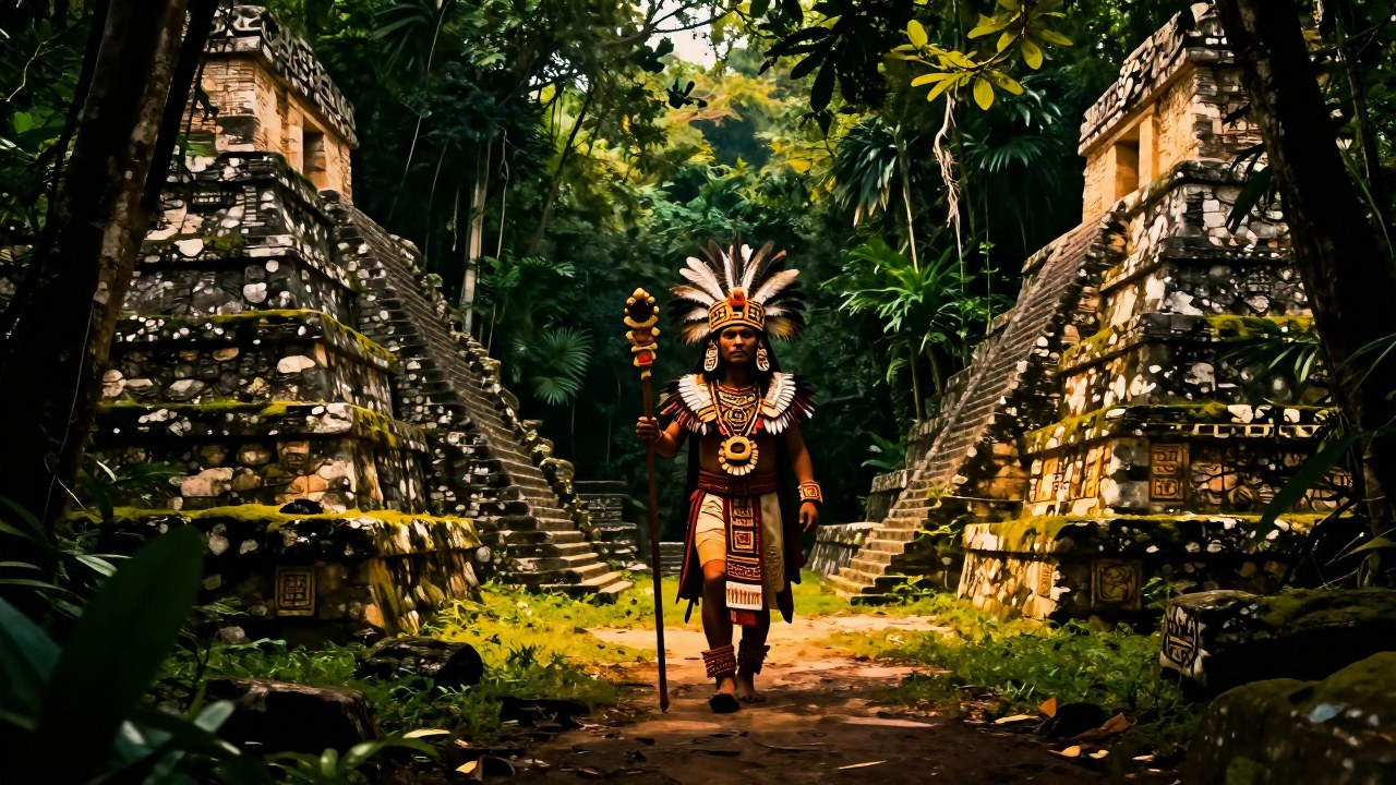 Un sabio maestro mesoamericano camina por la selva entre las ruinas de antiguas pirámides de piedra.