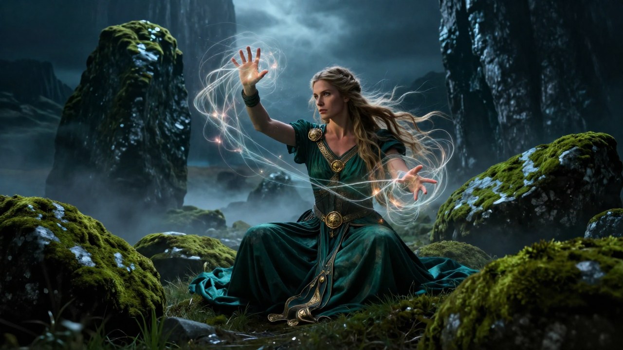 Freya, la diosa nórdica, se sienta en un claro brumoso de piedra interactuando con hilos de energía mística.