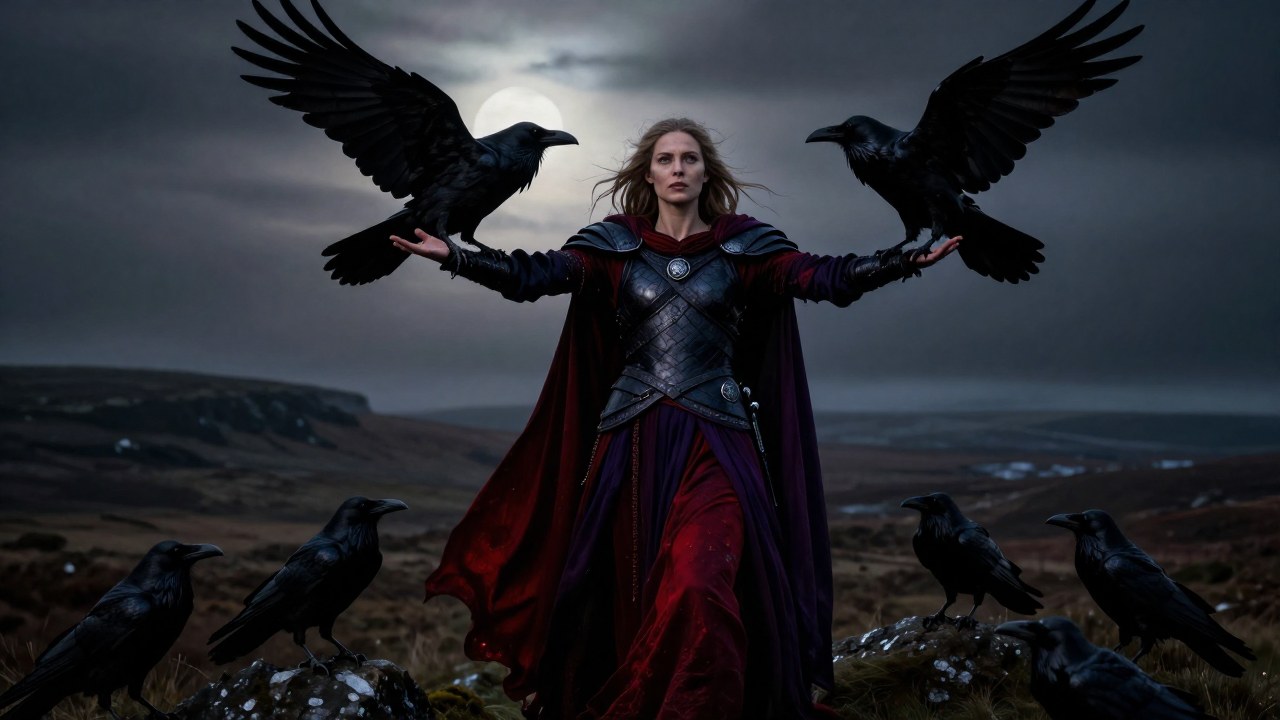 Morrígan, diosa de la guerra celta, de pie en un paisaje brumoso y ventoso junto a cuervos.