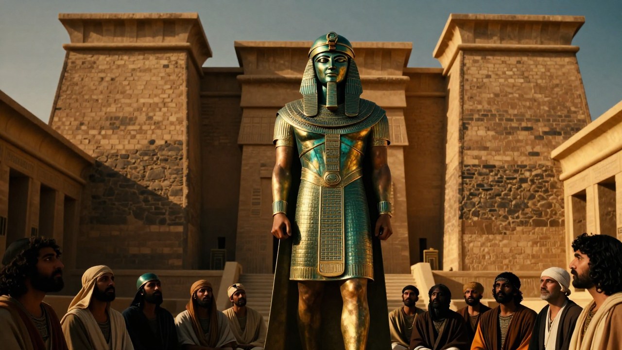 El rey mesopotámico Gilgamesh domina a ciudadanos en el vasto patio de su palacio Sumerio.