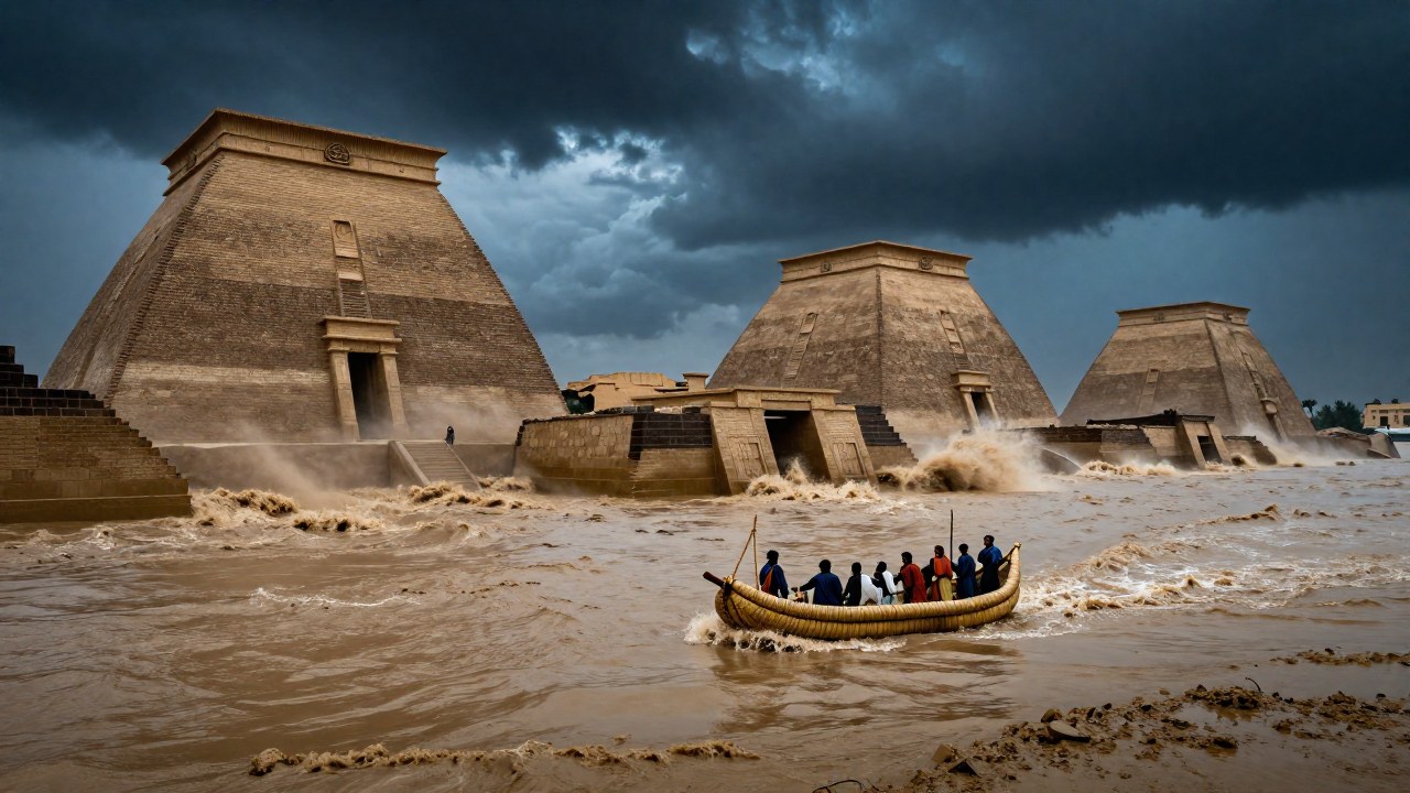 Pequeño bote de junco con figuras navegando aguas de inundación masivas entre ruinas de civilización mesopotámica antigua.