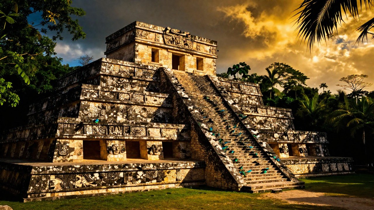Ruinas de un templo mesoamericano con plumas de quetzal dispersas en la vegetación tropical.