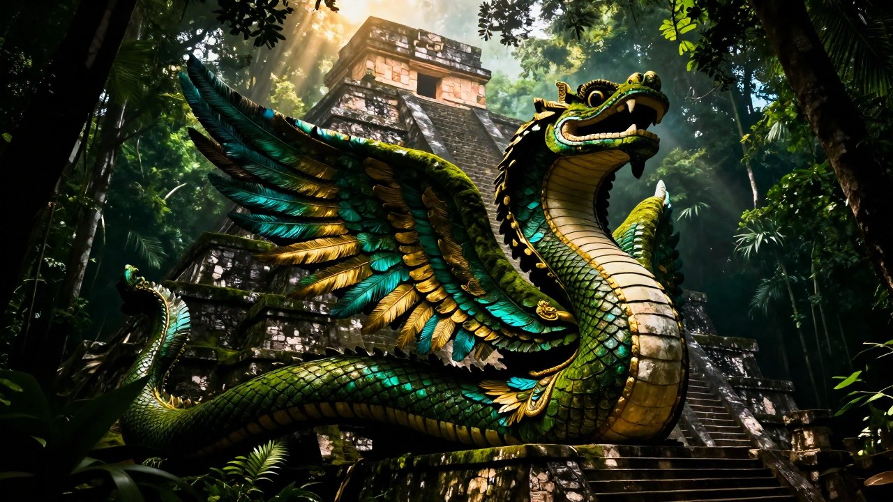 Enorme estatua de Kukulkán, la serpiente emplumada, en el contexto de antiguas ruinas mayas tropicales.