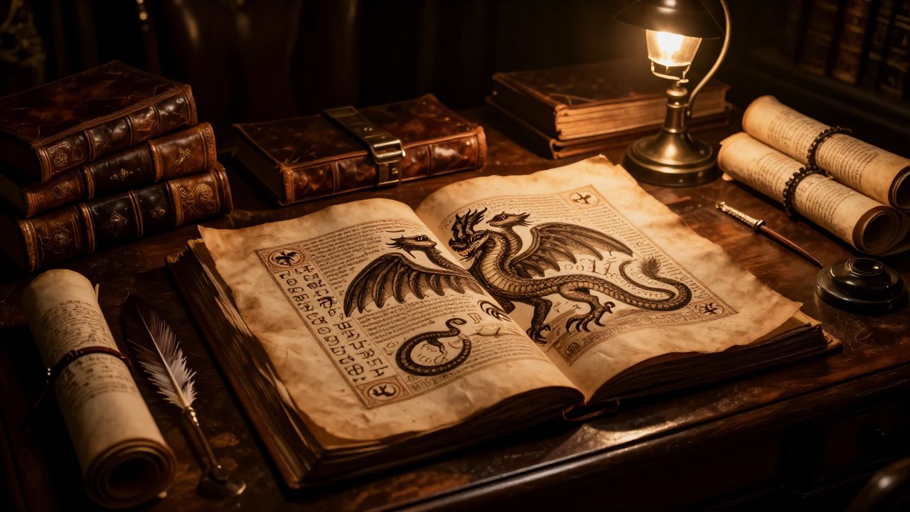 Codex abierto en escritorio antiguo que ilustra la criatura mitológica serpenteante Zmey Gorynych.