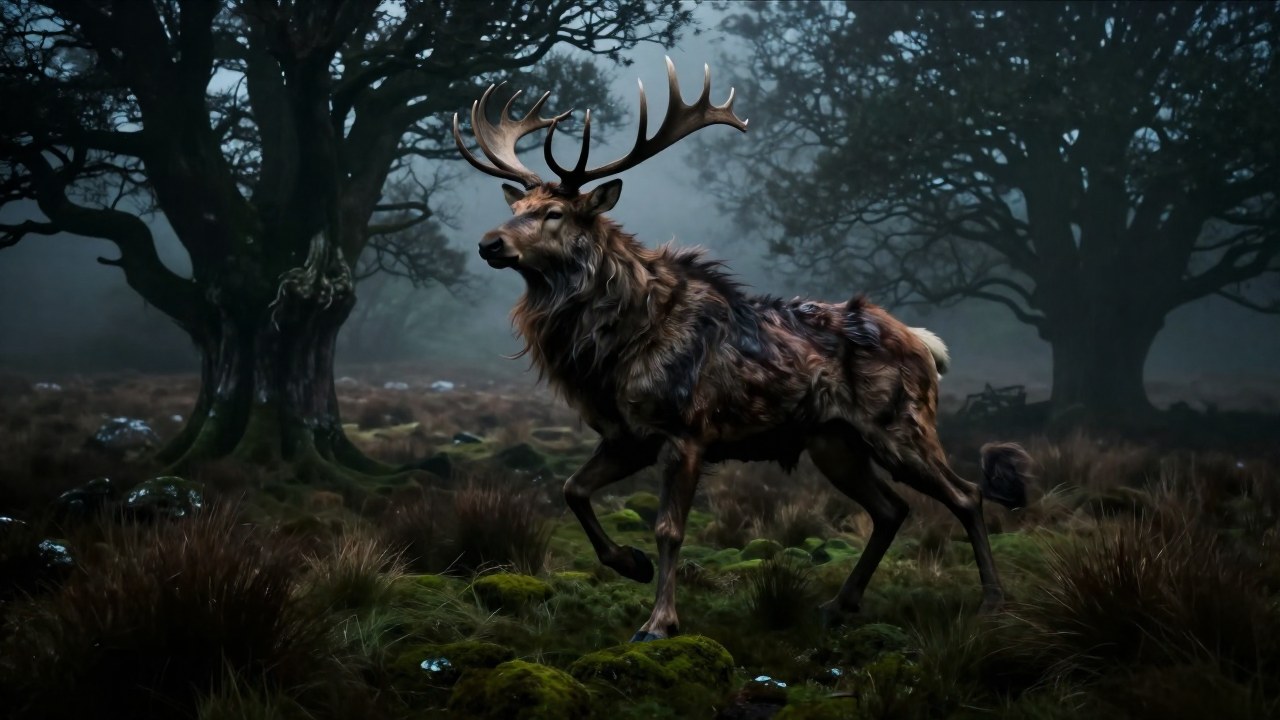 La criatura mítica Púca se transforma en un paisaje neblinoso y dramático de páramo irlandés.