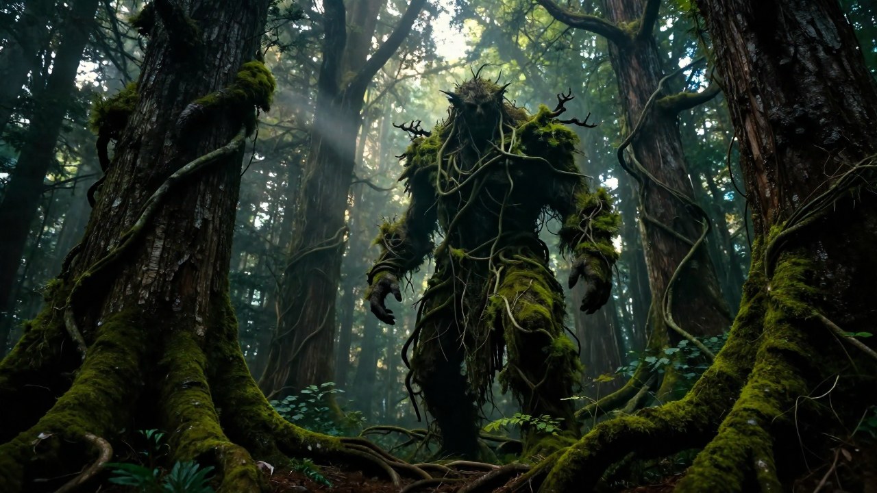 Un guardián ancestral envuelto en musgo y corteza, dentro de un denso bosque primitivo.