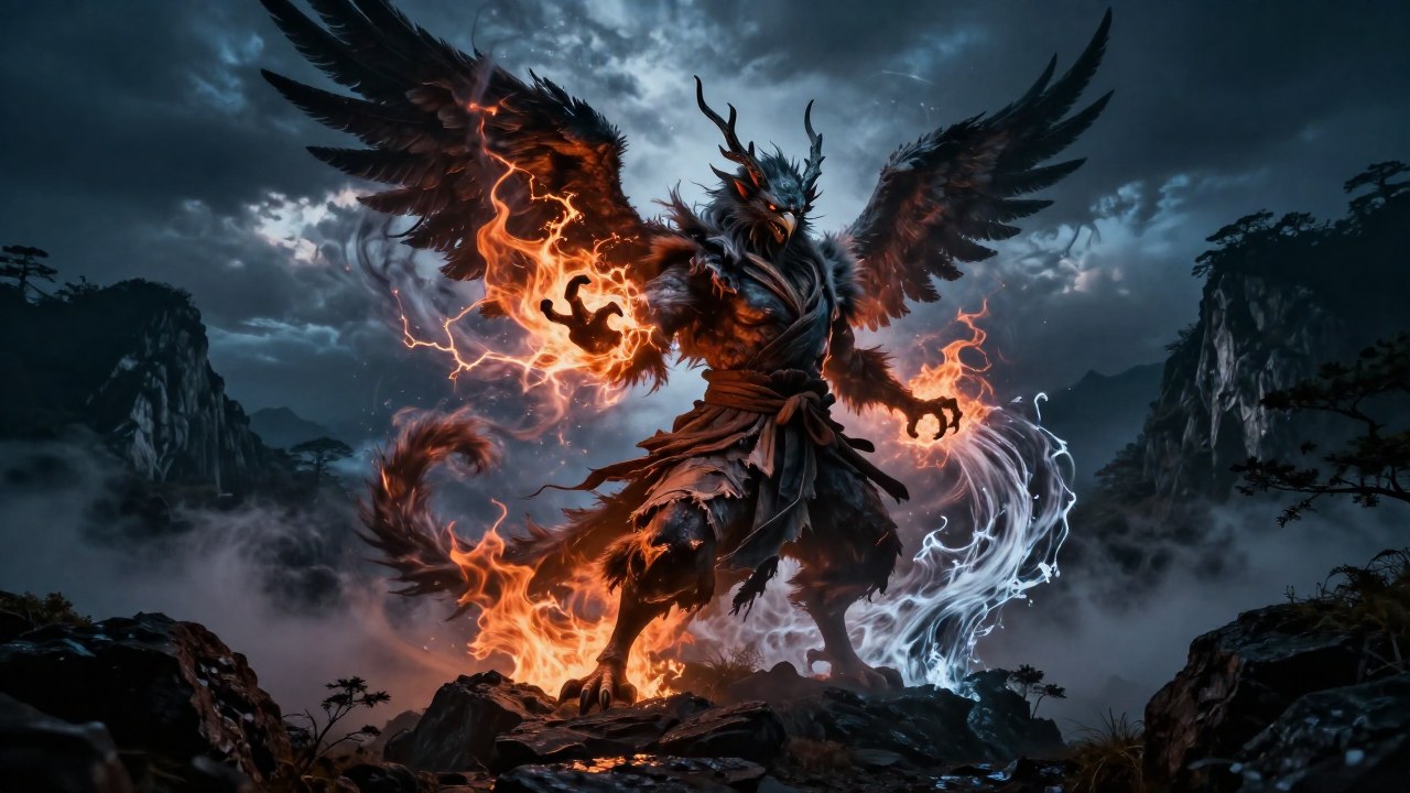 Una poderosa figura Tengu convoca elementos naturales en un paisaje montañoso brumoso.