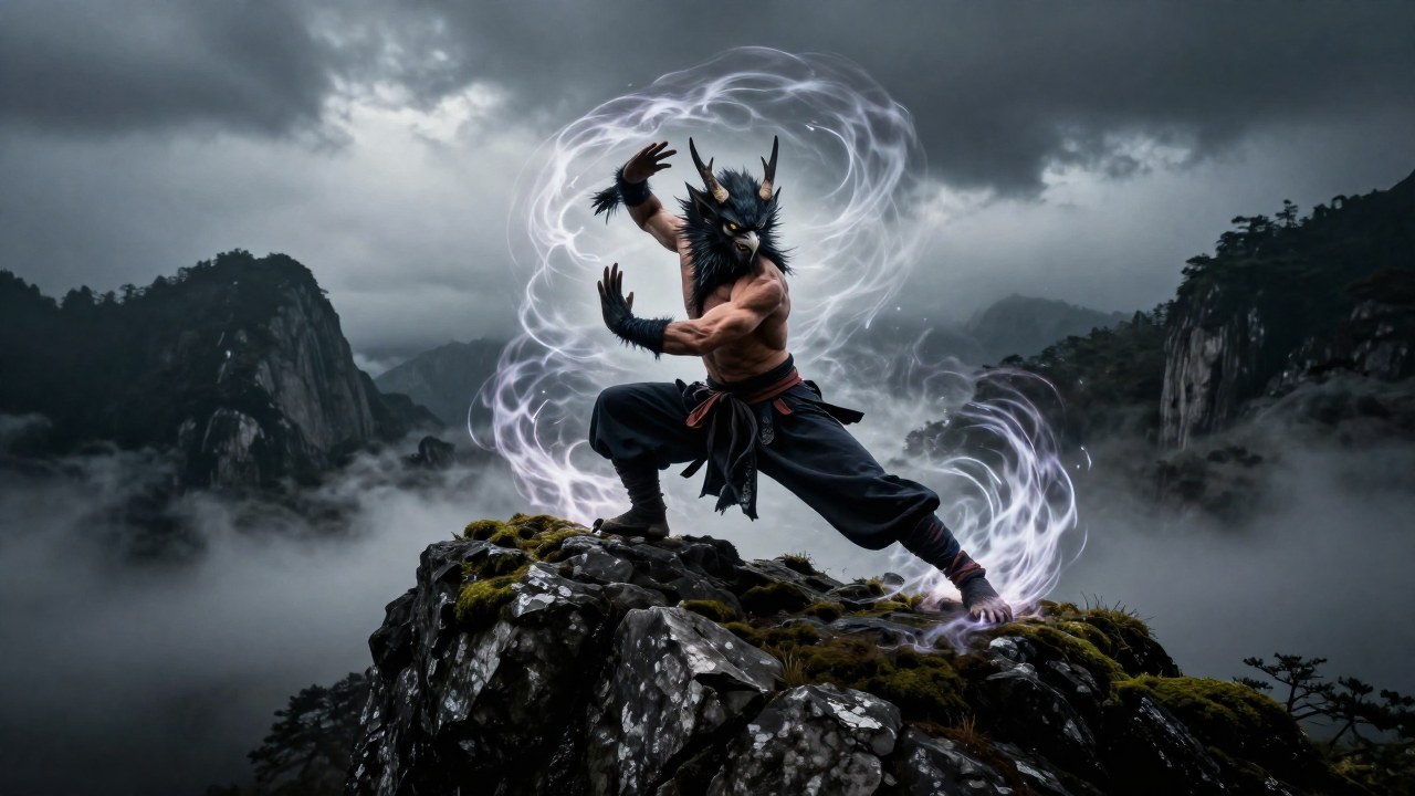 Guerrero Tengu ejecutando una pose de artes marciales cinética en la cima de una montaña brumosa con aura elemental.