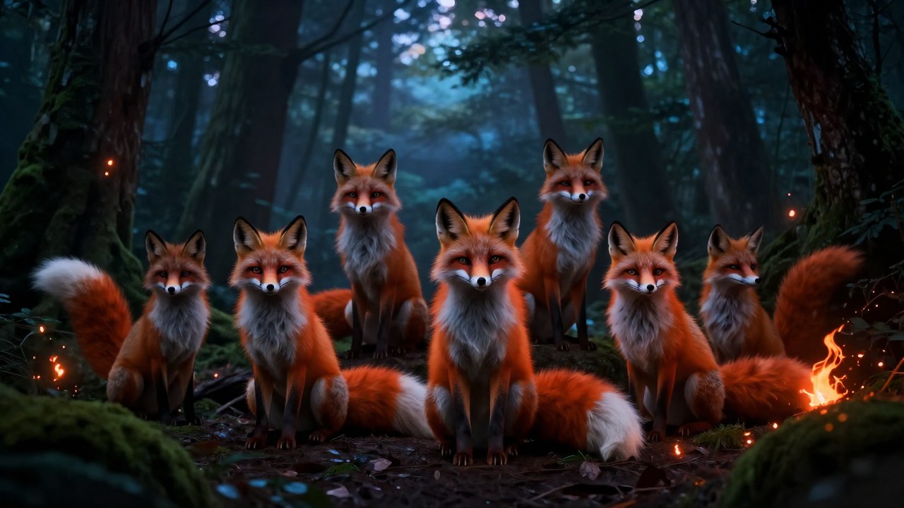 Grupo de kitsune mitológicos en un bosque japonés brumoso, diferenciados por el número de sus colas.