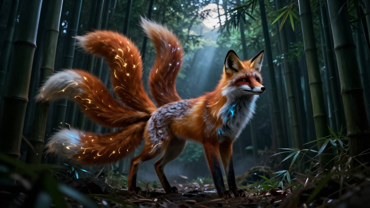Un Kitsune espiritual con múltiples colas se encuentra de pie en un denso bosque de bambú japonés.