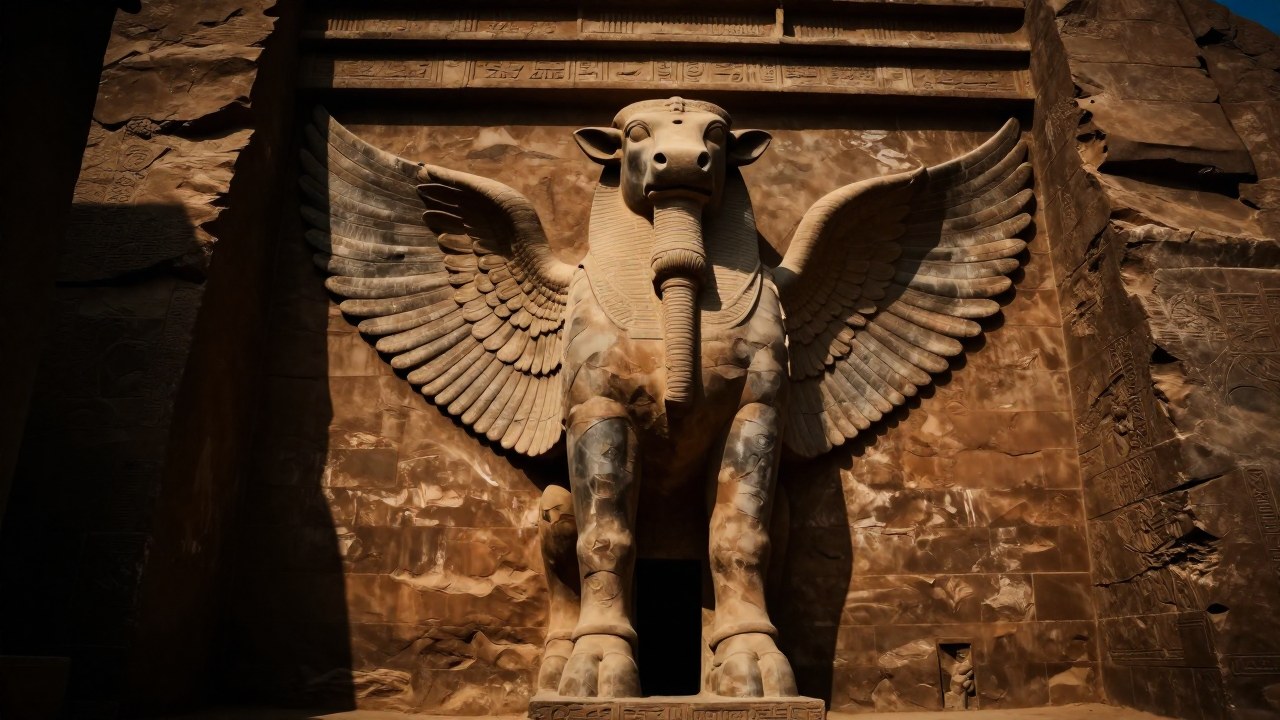 Monolítico guardián de piedra, estilo Lamassu, custodiando la entrada de una tumba antigua.