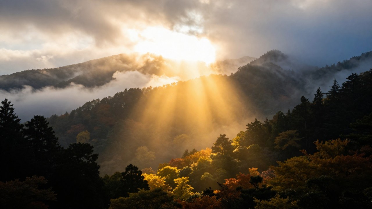 Paisaje japonés de montañas y bosques bajo los intensos rayos dorados del amanecer.