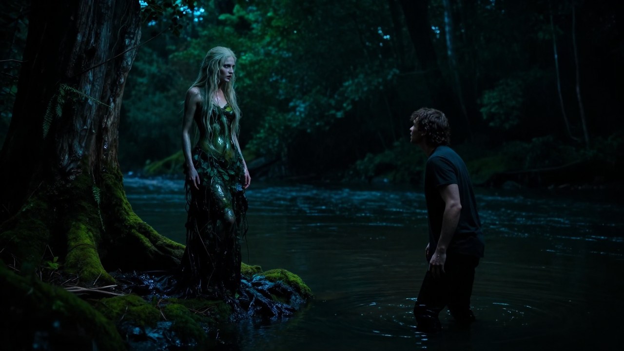 La Rusalka mítica se encuentra en la orilla de un río, mirando a un hombre que está cautivado por ella.