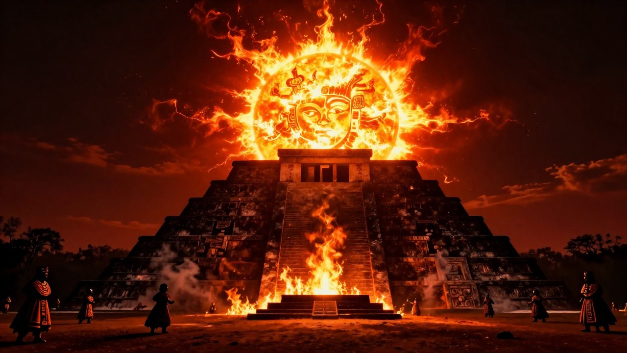 El disco solar del dios azteca Huitzilopochtli ilumina una pirámide ceremonial con ritos de sacrificio.