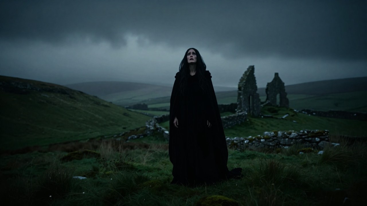Una figura de Banshee lamentándose en el paisaje desolado de Irlanda, junto a ruinas antiguas.
