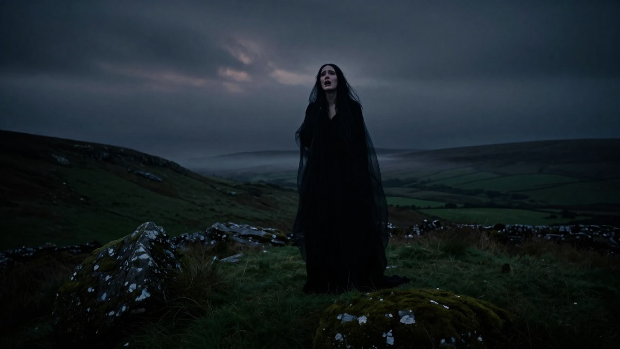 Banshee espectral en paisaje irlandés, representando el presagio sombrío y el lamento de la muerte.