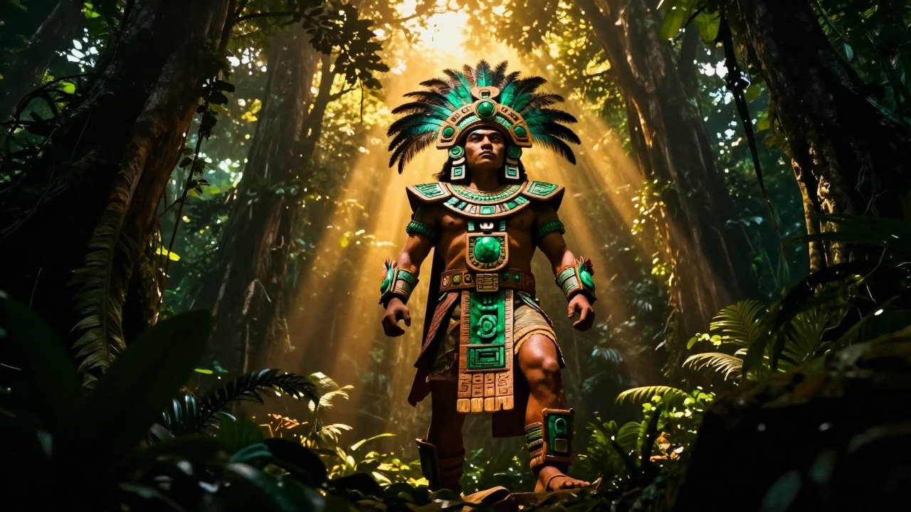 Figura heroica mesoamericana vestida con adornos de jade y plumas en la densa selva antigua.