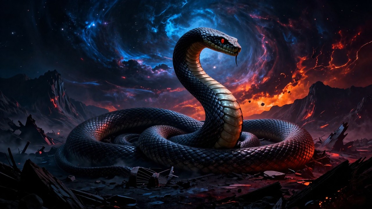 La colosal serpiente se enrosca en un vasto paisaje desolado, simbolizando el ciclo cósmico.