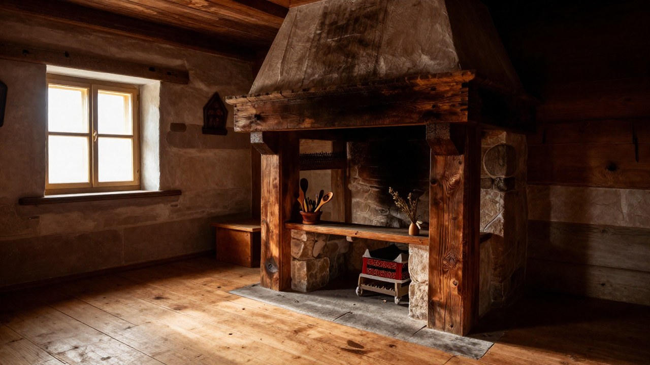 Interior tradicional eslavo con chimenea antigua y objetos, simbolizando la permanencia y el cuidado del hogar.