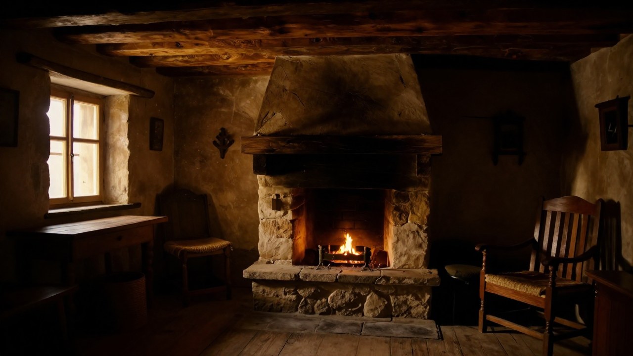 Interior rústico de una casa tradicional eslava, con una chimenea de madera antigua y muebles clásicos.