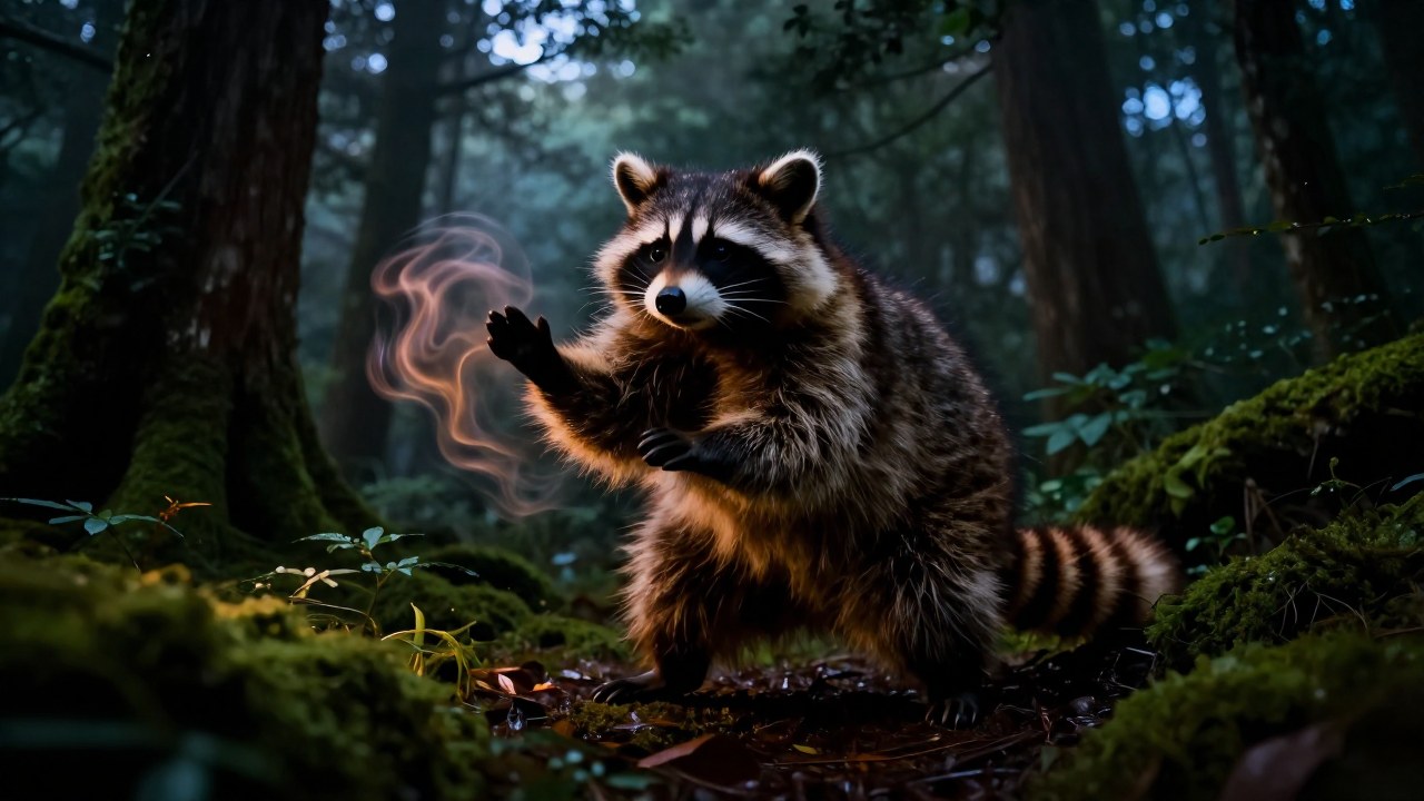 Tanuki se transforma sutilmente en un denso y brumoso bosque japonés al anochecer.