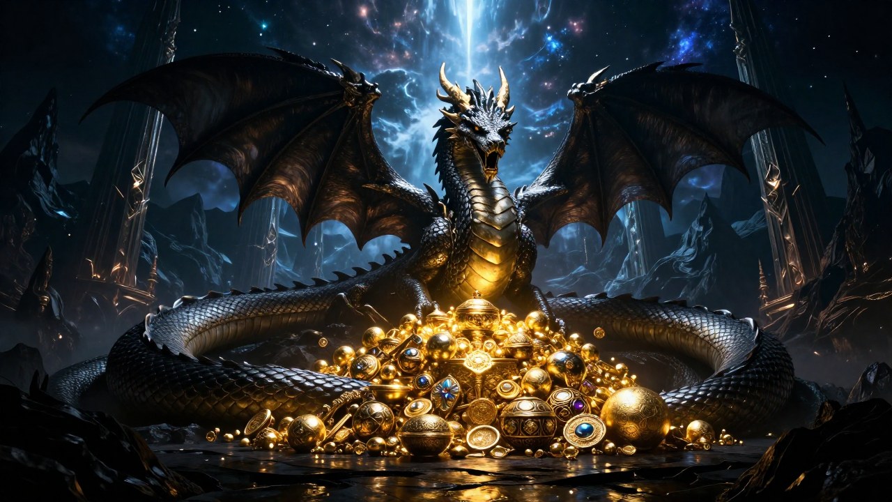 Dragón ancestral gigante enroscado alrededor de un tesoro de oro y joyas en un reino mitológico.