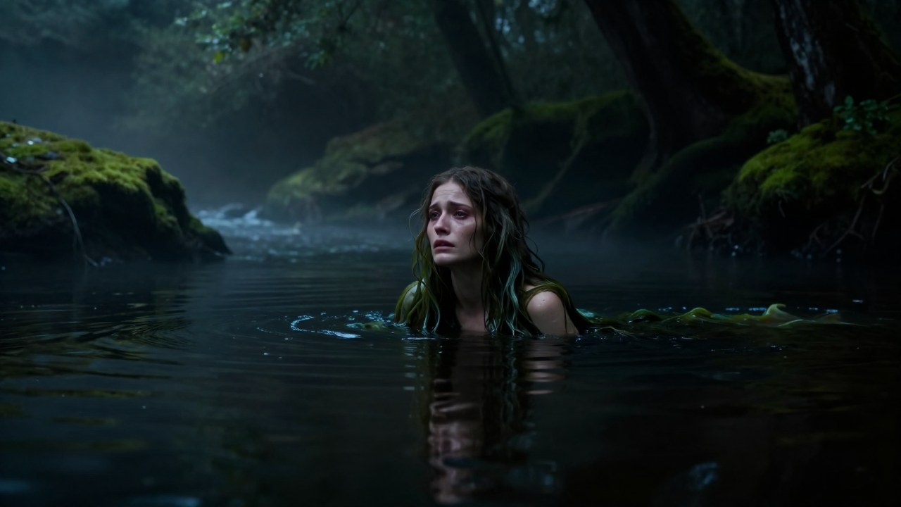 La Rusalka, ninfa acuática, emerge parcialmente de un río brumoso con una profunda expresión melancólica.