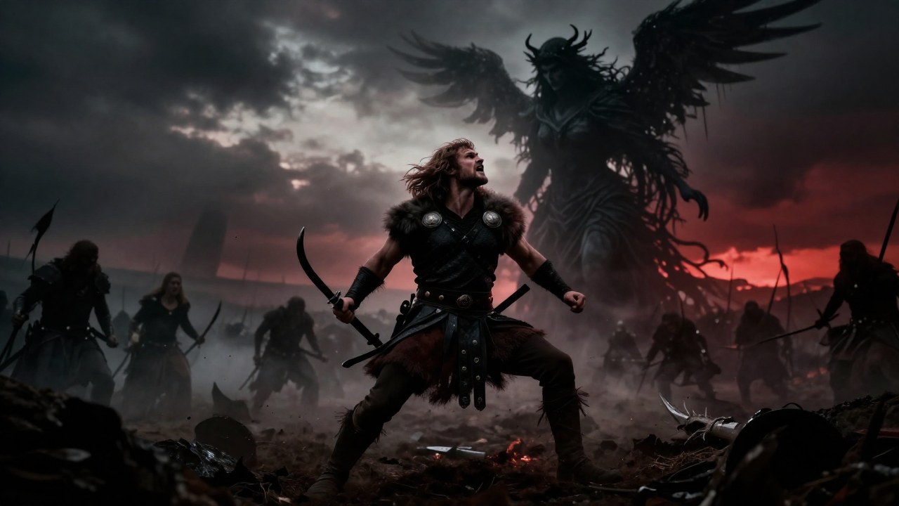 El guerrero celta Cú Chulainn en furia confronta a la deidad Morrigan en un campo de batalla neblinoso.