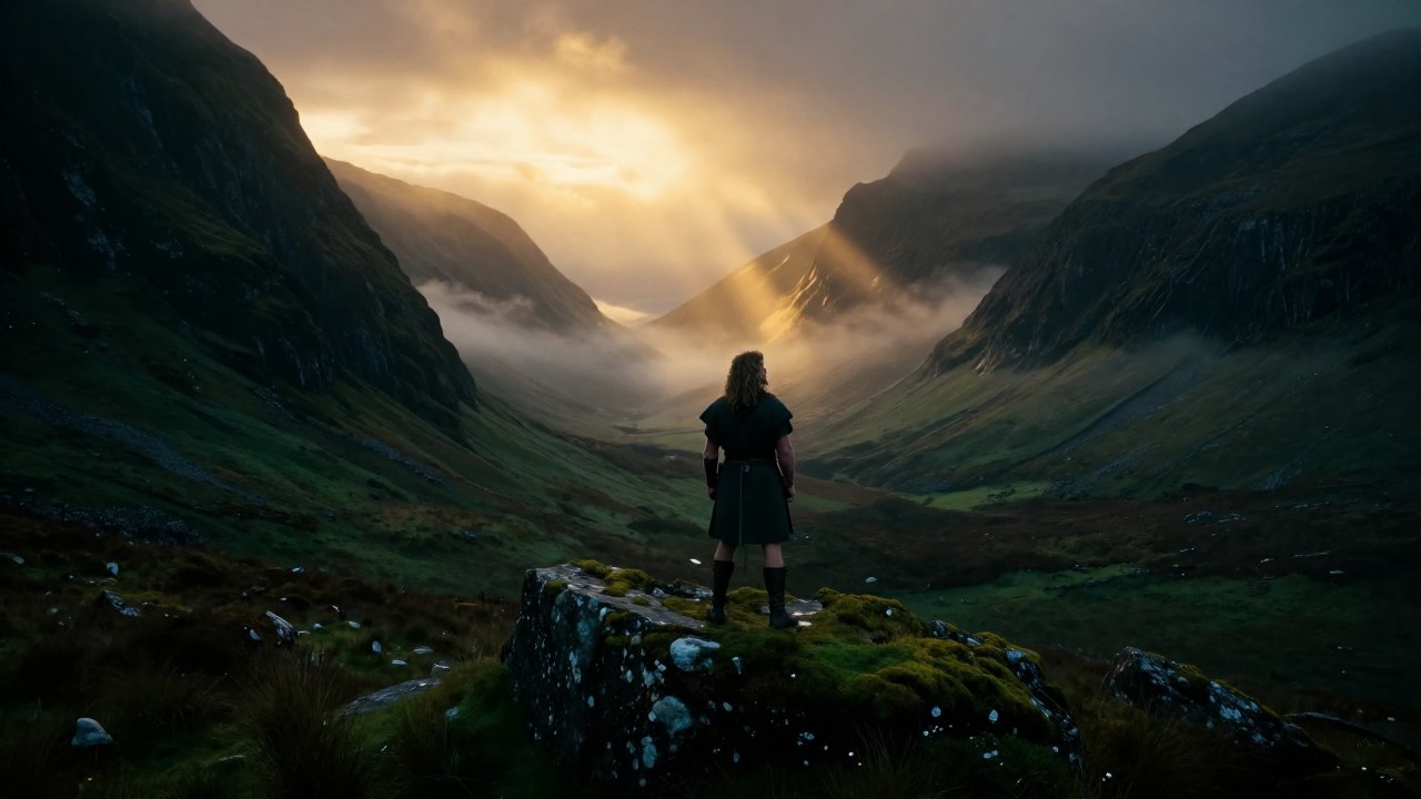 Fionn mac Cumhaill de pie en un vasto paisaje irlandés, mirando un valle dramático al amanecer.