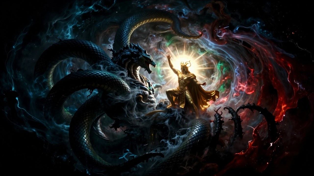 Marduk subyuga a la gigantesca entidad Tiamat en un vasto y primordial vacío cósmico.
