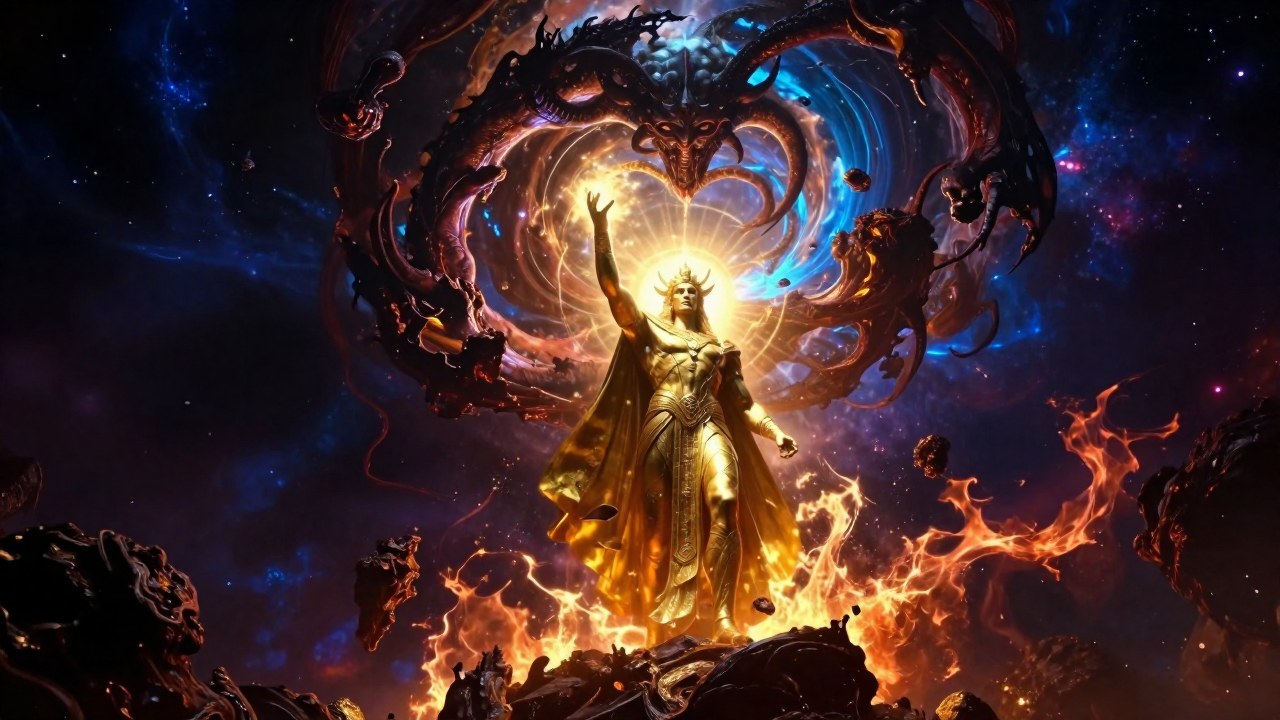 Marduk, la figura divina, crea el orden y la estructura celestial a partir del caos primordial de Tiamat.